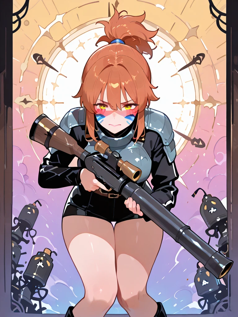 ultra-detailed, Explicit, Beautiful body, Beautiful Nose, Beautiful character design, perfect eyes, perfect face, ultra highres, 4K, beautiful legs, perfect legs, Nice hands, Perfect hand, Masterpiece, Best Quality, Highly detailed, illustration, absurdres, perfect anatomy, street fighter, doll suit, shadaloo doll, dollsuit, expressionless, blank eyes, looking at viewer, red gloves, emotionless, black latex, corrution, mind control, female combatant, full body, hypnotized, unhappy trance, full body suit, ribbed bodysuit, both arms at side, obey, perfect female body, extremely glossy latex, hypnosis, hypnoLora, empty eyes, Mind control device, poses, submissive_pose, Slave, standing straight, standing, standing at attention, hat, necktie, belt, latex, ribbed bodysuit, thighhighs, garter belt, Fighting Stance, extending the right arm from the shoulder into the air with a straightened hand, military, thigh boots, hair ornaments, black hair, short hair, green eyes, (((pixel-perfect, detail-perfect))), solo, 1girl, Kohinata Miku ShenShoujing, Senki Zesshou Symphogear, bangs, ribbon, hair_bow, hair_ribbon, mask, helmet, ,headgear, saluting, salute, military saluting