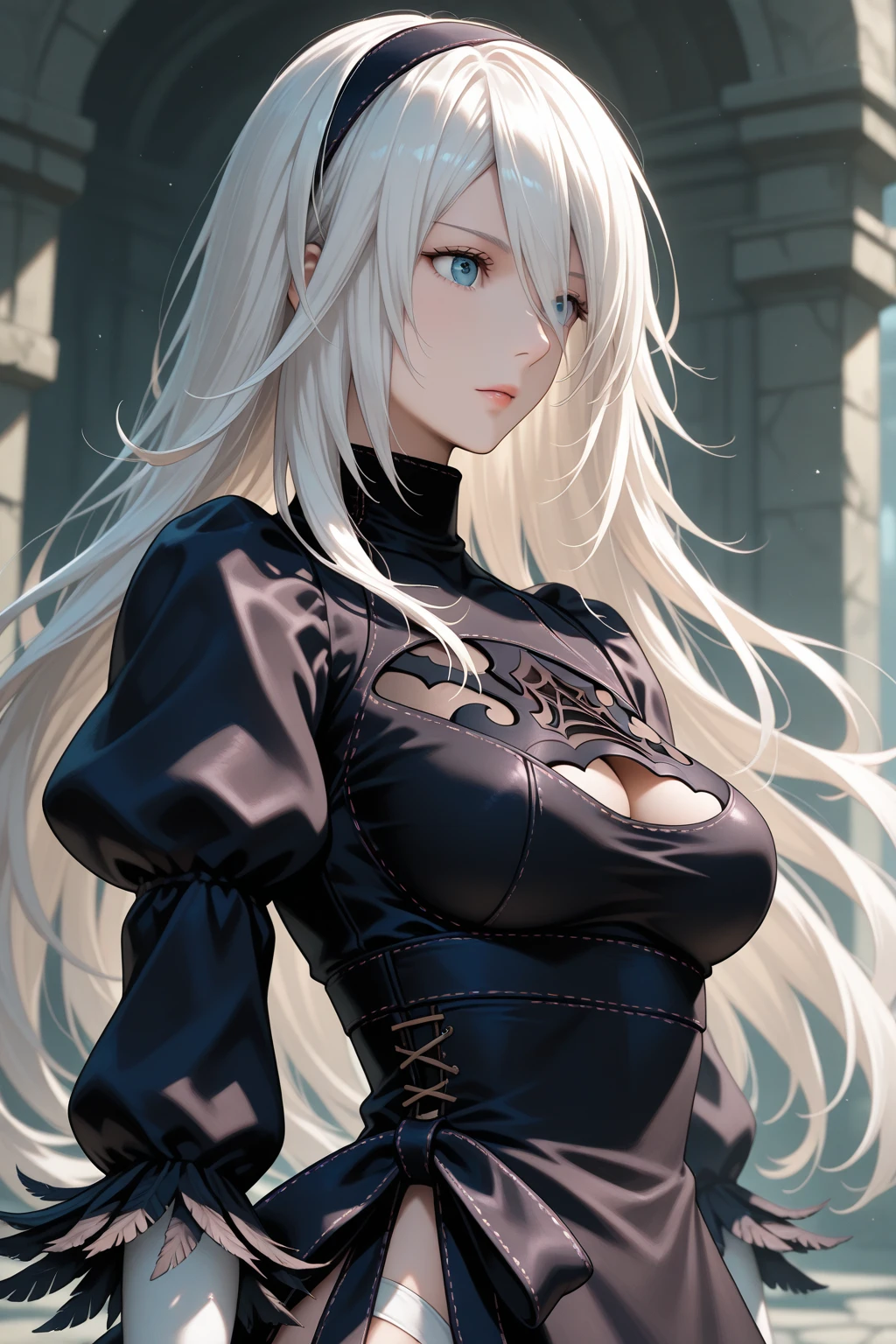 top-quality、Top image quality、masterpiece、Teenage girl((Black coat、Black tank top、black trousers、Black leather gloves、18year old、 Ager、Best Bust、big bast,Beautiful light blue eyes, Long Blonde Hair、A slender,Large valleys、Reflecting the whole body、With a revolver、fighting poses)),hiquality、Beautiful Art、Background with((A desert、glowing sun、demon realm))masterpiece、depth of fields,Japan Anime Style