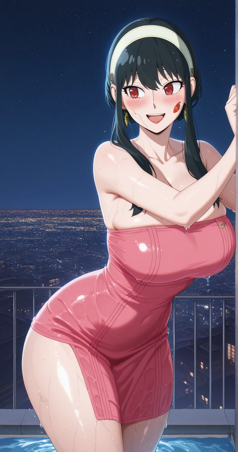 （（super high quality,Ultra-high resolution,16K,super masterpiece,Ultra HD,Ultra high definition:1.3,））One Girl,18-year-old,（Blonde:1.5,Short wavy hair:1.3）,Short Side Ponytail,（Butterfly Shape,Black and purple hair band:1.4,）Emerald eyes,Cleavage,sexly,（（Opened to the chest,tight,Light pink:1.3,One-piece sweat suit:1.5,））（popped collar,tight襟,Large collar,Fine zipper:1.3,）（light blue butterfly necklace:1.2,）To the camera,Smiling happily,Close one eye, V-sign with one hand,Place one hand on hip,leaning forward with her body angled forward,Sweaty,（A lot of water splashes all over the body:1.5,）Angle looking up from below,a blue sky with clouds and sun,