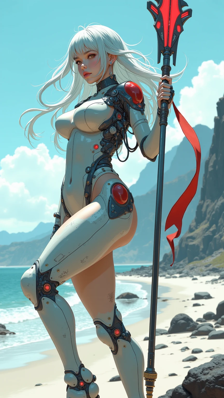 Tarot card, Caenis, , em uma praia, sorridente, sea behind the character, masterpiece, detailed body, masterpiece 4k,