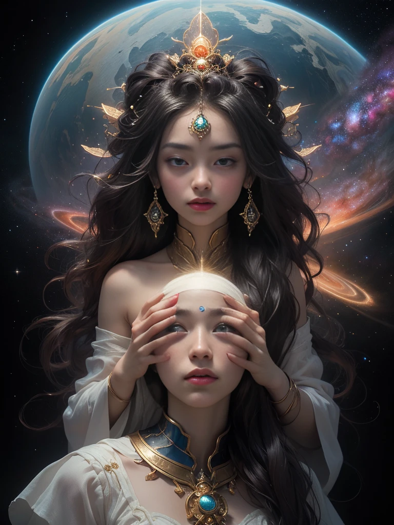 (masterpiece, top quality, best quality, official art, beautiful and aesthetic:1.2), (1girl), extreme detailed, (fractal art:1.3), colorful, highest detailed, perfect face, upper body, HDR, (praying:1.3), (white cloak golden lines:1.2), galaxy, (light streaks), striking visuals, (dynamic streaks, luminous trails:1.2), vibrant colors,