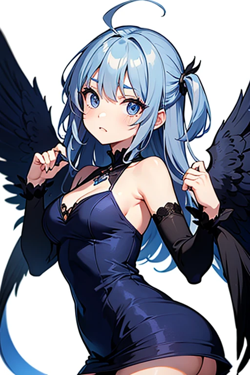 Black waist-length hair,There is a pair of sea blue wings on the back