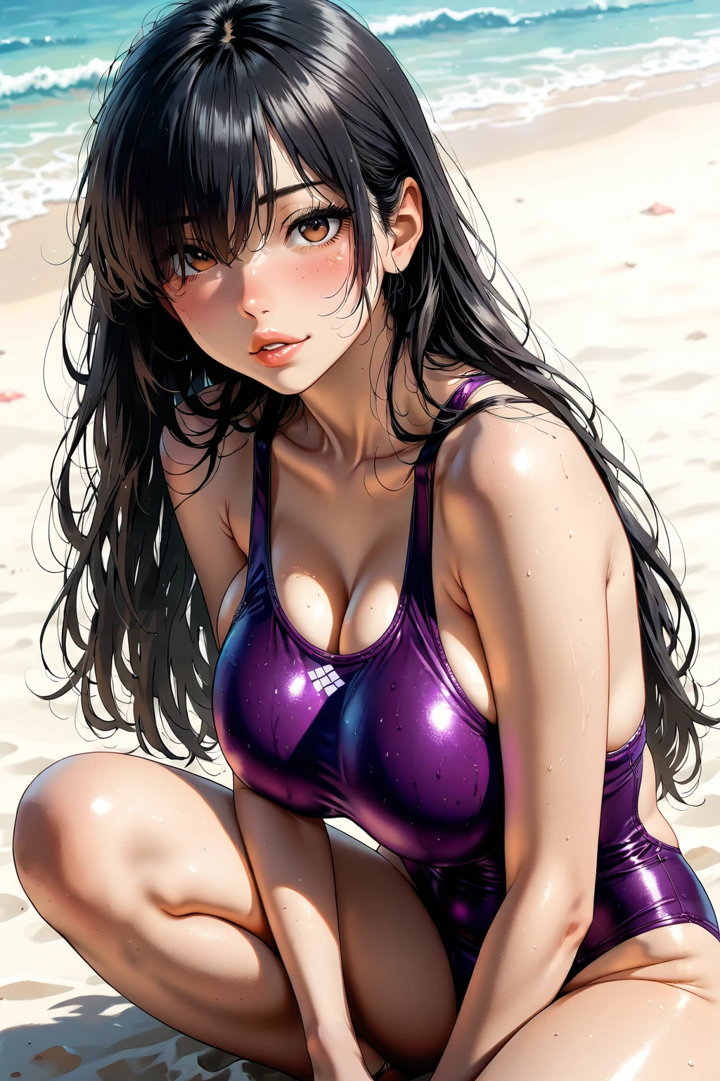 ((Best quality)), ((masterpiece)), (detailed: 1.4), beautiful woman, One girl, ((purple eyes)), Cinema Lighting, ((white hair, shoulder-length hair, wavy hair)), tanned skin, white bikini, large breasts, cleavage, open clothes, thick ass, choker, necklace, beach, sitting, sand, sunset, very detailed eyes, very detailed hair, very detailed clothes, very detailed face, beautiful eyelashes, sultry eyes, juicy lips, soft blush, posing sexily, provocative, looking at viewer, in love with viewer, very expressive face