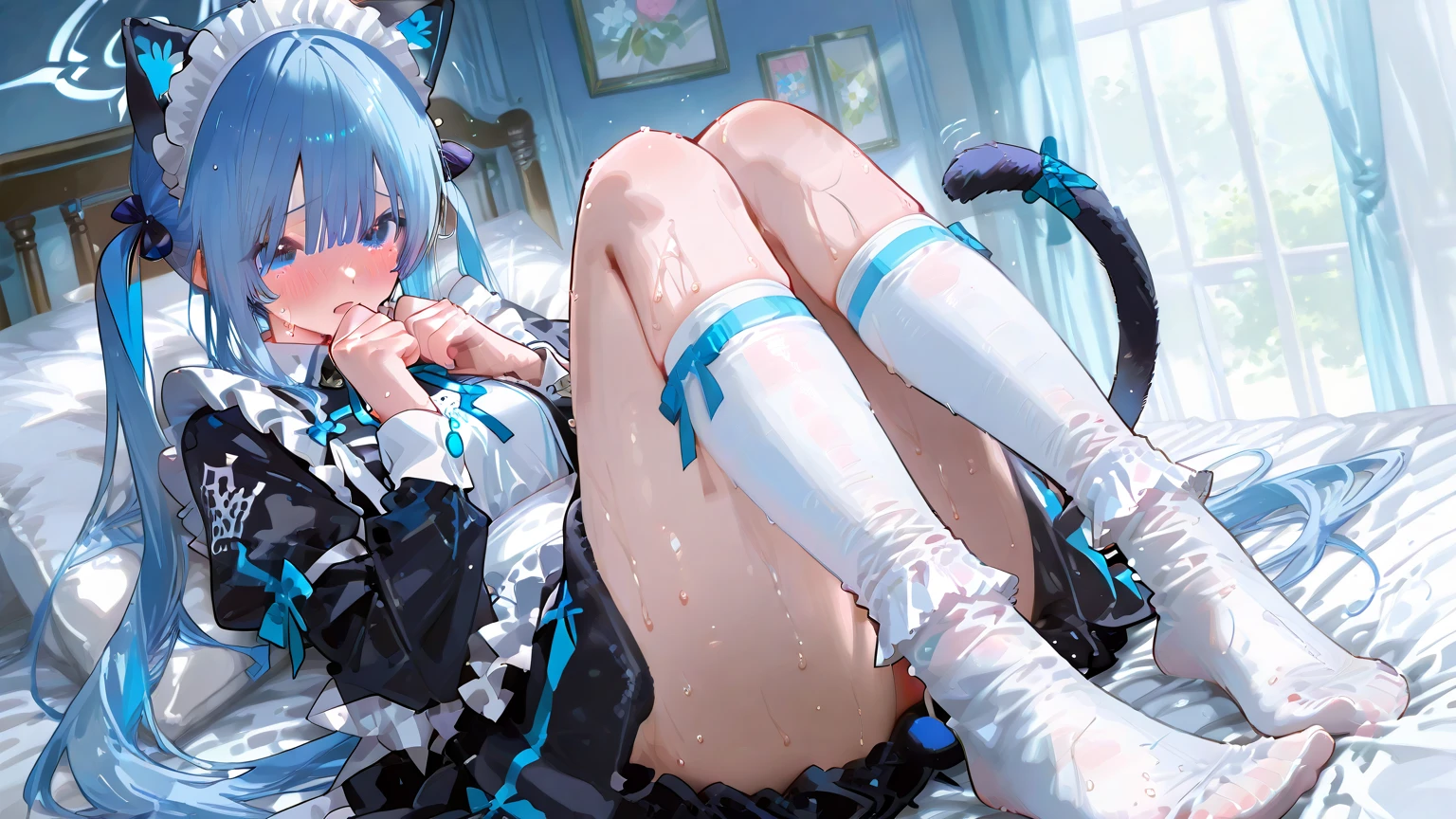 1girl, ganyu from genshin impact, little big breasts, perfect breasts, sexy looking, sexy pose, in her outfit, black pantyhose, pantyhose torn near pussy, pantyhose covers feet, ultra orgasmed face, very horny face, ahegao, feet seen, cute feet, perfect feet, feet, laying back on a bed, in a ship, night time, pussy, very wet pussy, a lot of liquid flush from pussy, pink pussy, vibrant light, pastel light colors, master piece, ultra high quality, high detailed, best quality, light from side, bottom view, a lot of semen flows from pussy, pussy filled with semen, a lot of semen, feet,