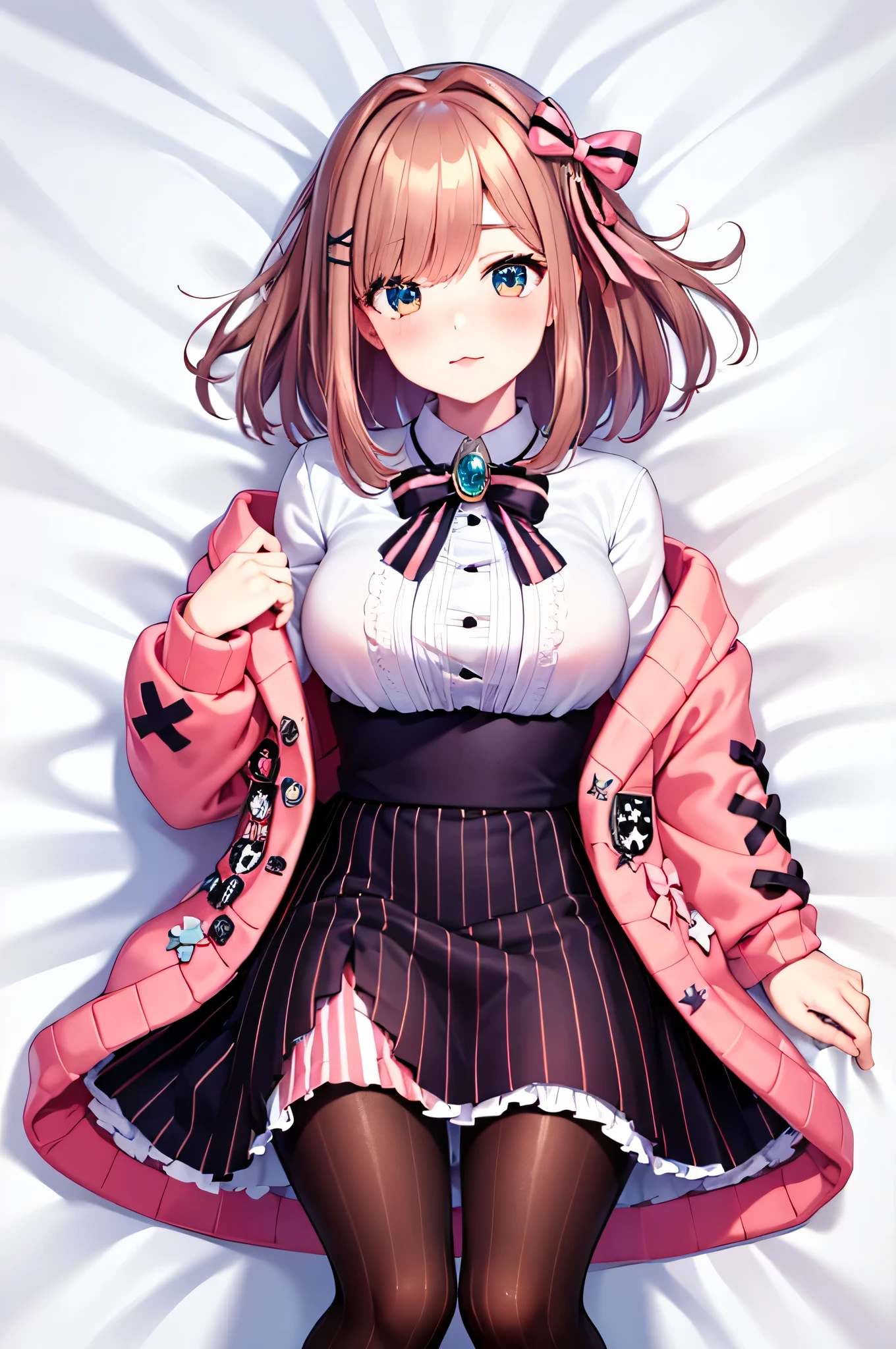 hmsl1, (1 person:1.5), Suzuhara Ruru, exquisite male genitals, pink ribbon, chest, jewelry, pink cardigan, brooch, white shirt, Vertical striped mini skirt, vertical striped pantyhose, embarrassing, Red cheeks, Seducing Men, white sheets, Lie on your back, Above the knee