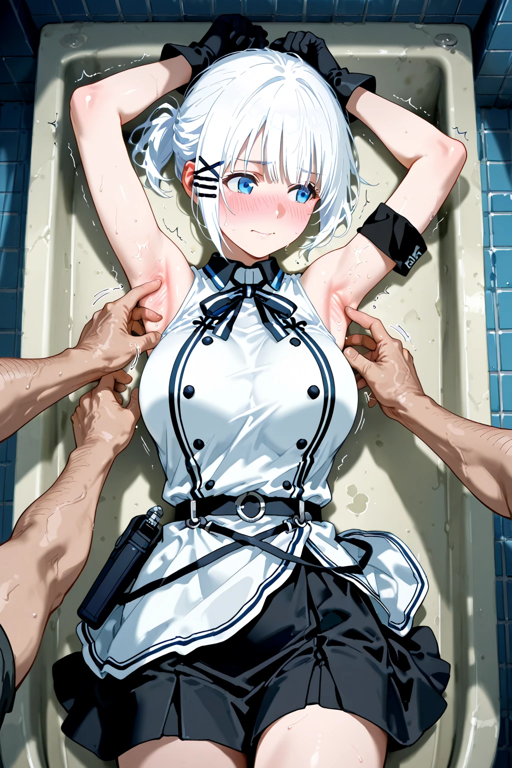 Highest quality, Tabletop,(Perfect hands, Perfect legs,Perfect Anatomy),Things to know, Not enough, One Girl, gloves, Elbow Groove, choker, White Dress, Official Alternative Costumes, chest, clavicle, ponytail, 白いgloves, chestの谷間, Strapless Dress, Bare shoulders, short hair, Parody, 青いchoker, Hair Blue Ribbon, One Girl, Trojan horse, rubbing the crotch, Thought-provoking liquid, shibari,, Tabletop, Highest quality, Very detailed、(fold your hands behind your back:1.5)、Hmph, Large chest, Gray Hair, blue eyes, Focus on women, whole body, juice, Sweat, trembling,(Straddling a Trojan horse:1.3)、Your clothes are torn、,(White panties:1.3),