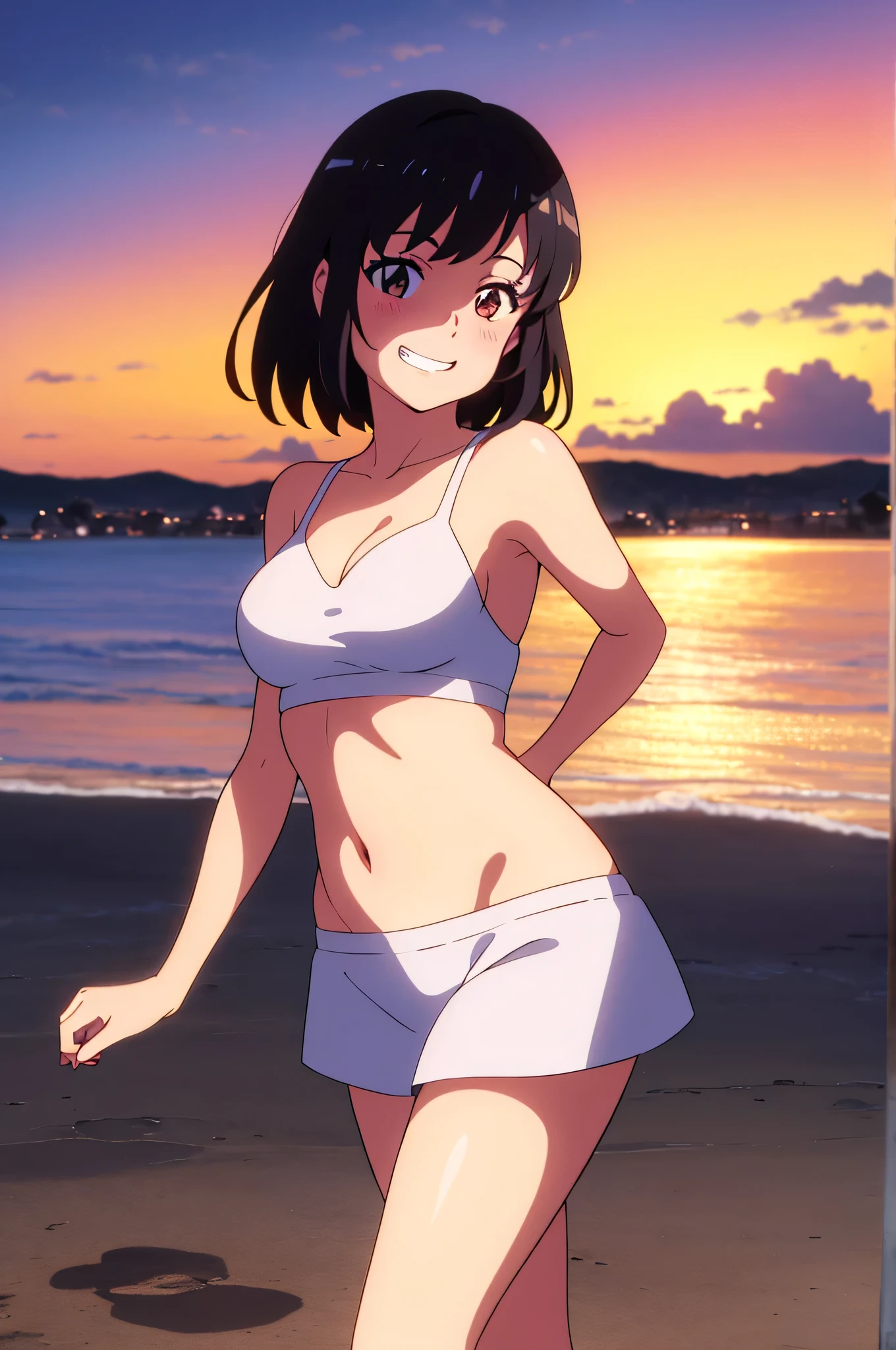 shinkai makoto, kimi no na wa., 1girl, bangs, black hair, blushing, bright eyes, brown eyes, straw hat, white bikini, white skirt, short hair, smiling, open mouth, cute, solo, looking at viewer, outdoors, summer_season, beach, cloudy, sunlight, evening, sunset, sitting on the ground, upper body