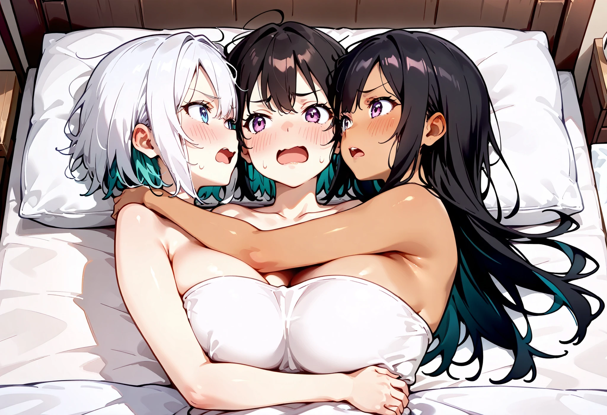 {4girls}, {{four head}}, {{Two Torsos}}, {{conjoined}}, safe_pos, 正確な形状を記述する, score_8_up, source_anime, hug, holding each other, looking at each other, four breasts, big breasts, two-tone skin, (beige skin, tan skin), four breasts, big breasts, different hair colors, white hair, short hair, black hair, long hair, view from above, upper body, full nude, lying on bed, open mouth, talking to herself(lang:jpn), embarrassed, upset, frustrated, inside bedroom