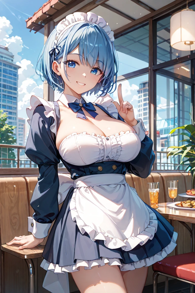 Rem,Re:zero, blue hair,short hair,masterpiece, highest quality,ultra-detailed, realistic, one high school girl, big breasts, night, indoor, lively restaurant, micro bikini pushed, Micro bikini with only strings, ponytail, earrings, white apron, Puffy short sleeves, between the breasts, small tray, central opening, bow tie, pelvic curtain, shy smile, embarrassing, short maid skirt, maid headdress, Cream On