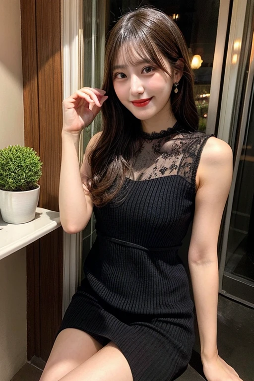 ((top quality, 8k, masterpiece: 1.3)), 1 girl, smile, full body, slim face, pretty woman, (dark brown hair), full-length dress: 1.1, ponytail, ultra detailed face, detailed eyes, double eyelids, blurred background, slim face, city, outside, street,