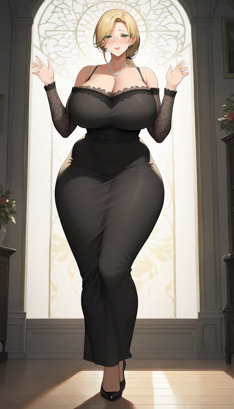 ((Best quality)), ((masterpiece)), (detailed), Draw a buxom dark-haired girl with a slightly plump body in a tight black dress with heels