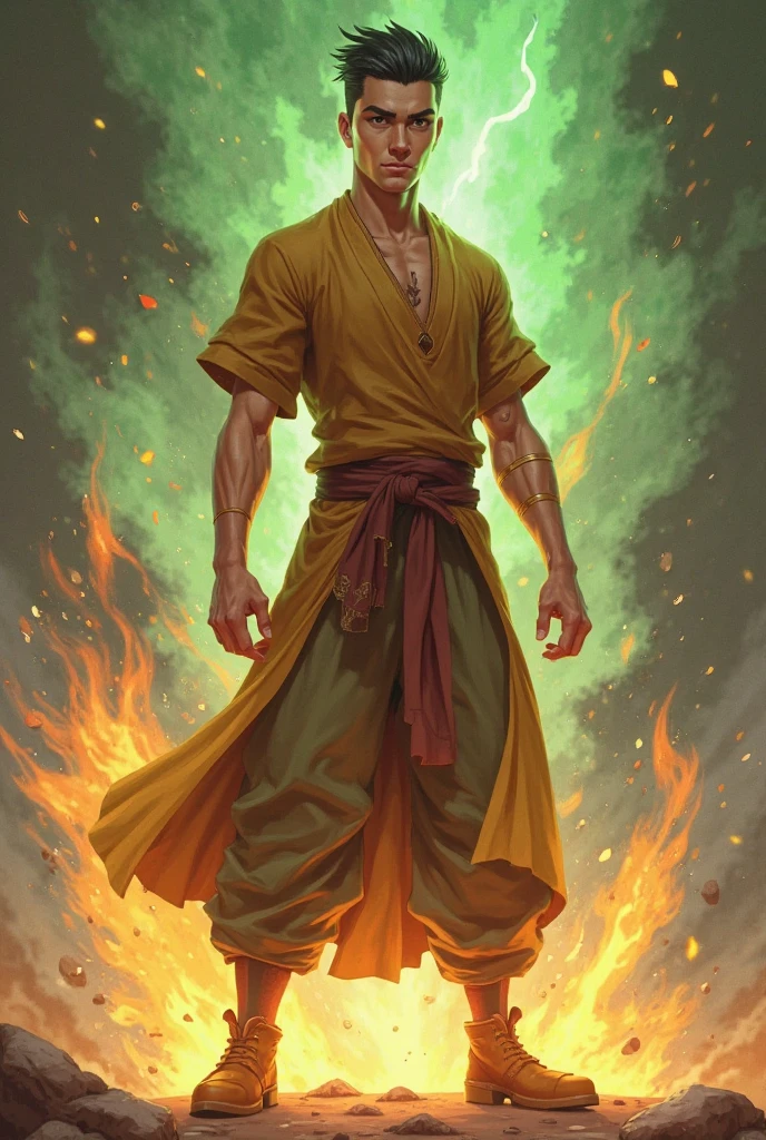 1man, shirtless, martial arts, yellow open chin cowl mask, white dragon-like eye patterns with black outline , muscular, green costume, yellow belt and boots, burning fists, dragon tatto, mystical city background