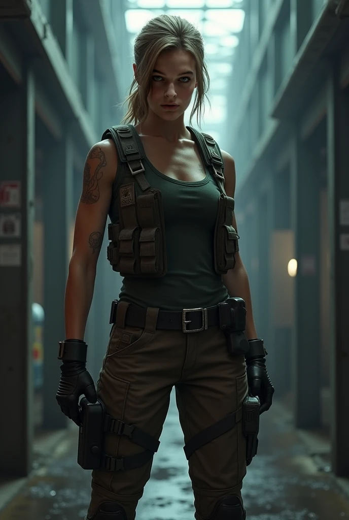 space girl after the battle, holding space rifle in one hand, finger on trigger of gun, cocky, ready to move, dirty grimy, overhead glow lighting, side light, 24k resolution tight barbarian woman in space clothes, camouflage, hyperdetailed, abandoned room background setting on battlefield mars.