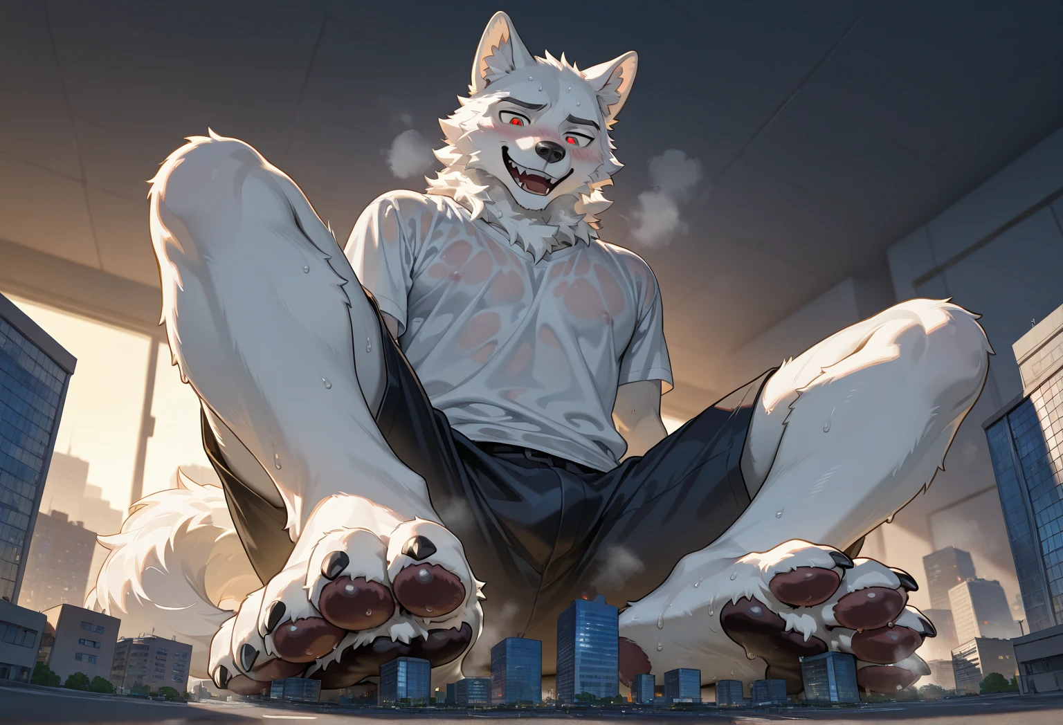 A birds-eye view of a giga giant, fluffy and slim anthropomorphic fox/cat hybrid with with light grey fur and white fur with small stripes on his arms and legs, blue eyes, short wavy white hair and giant fluffy ears wearing a black loose crop top, a tight black speedo with a hyper giant bulge, black fingerless gloves and short black stirrup socks laying in a sexy way on top of a tiny city that is being crushed under his gigantic body while fire and debris surrounds the ground below him while he sticks his tongue out in a playful manner as his body is covered in blood and debris