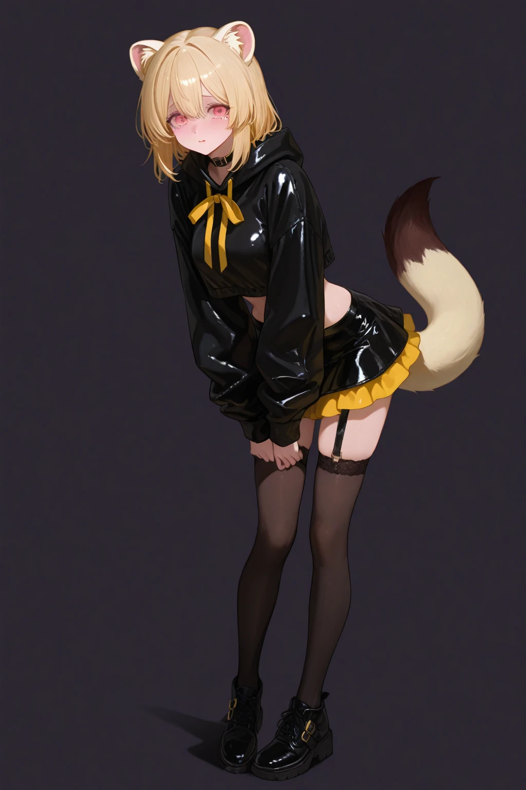 1girl, <lora:1-EzoredfoxKemonofriends_Kitakitsune:0.7>, KitaKitsu, animal ears, tail, long hair, fox ears,fox tail, hair between eyes, multicolored hair,blonde hair, white hair, gradient hair, yellow eyes, extra ears, multicolored orange white leggings, white skirt, pleated skirt, necktie, white outline, white bow, (yellow necktie:1.1), fur trim, (black gloves:1.2), long sleeves, black footwear, white bowtie,orange jacket, ass