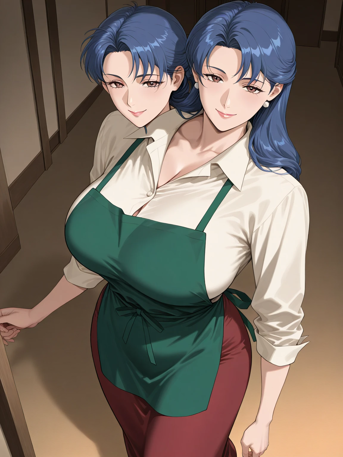 2heads, a short chubby woman with 2 heads. She has gigantic breasts. She is in a kitchen. She is wearing an apron. She has enormous breasts. She is smiling wide. She has long hair. She has a motherly appearance. Her breasts are massive.