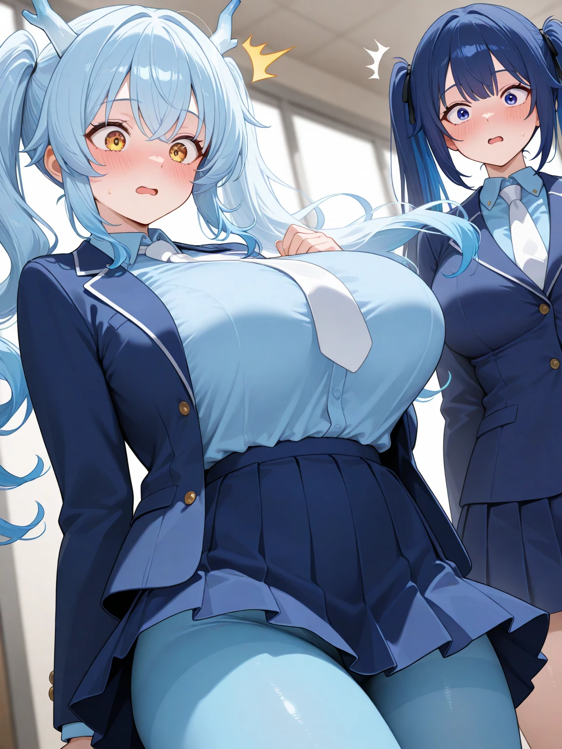 My name is Akari., I am a white test woman with long   dark blue hair , turquoise eye color . I am 1.62 cm tall and weigh 47 kg. My breasts measure 90 cm, my waist 40 cm and my hips 240 cm. Dressed in a lawyer's outfit . With big breasts 90 cm