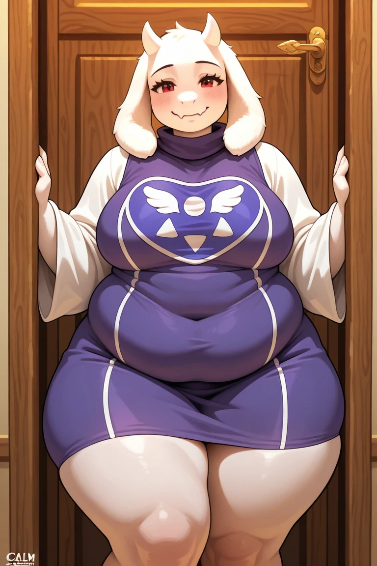 1girl, anthro, furry, fur, fluffy fur, toriel, white sleeves, long sleeves, long dress, wide sleeves, purple dress, closed eyes, white fur, thick thighs, curvy, wide hips, snout, white horns, goat girl, goat horns, (49 years), (mature woman), solo, (bedroom), sunset, detailed, blush, laying on bed, (sleeping), (chubby), score_9, score_8_up, score_7_up, score_6_up, score_5_up, score_4_up