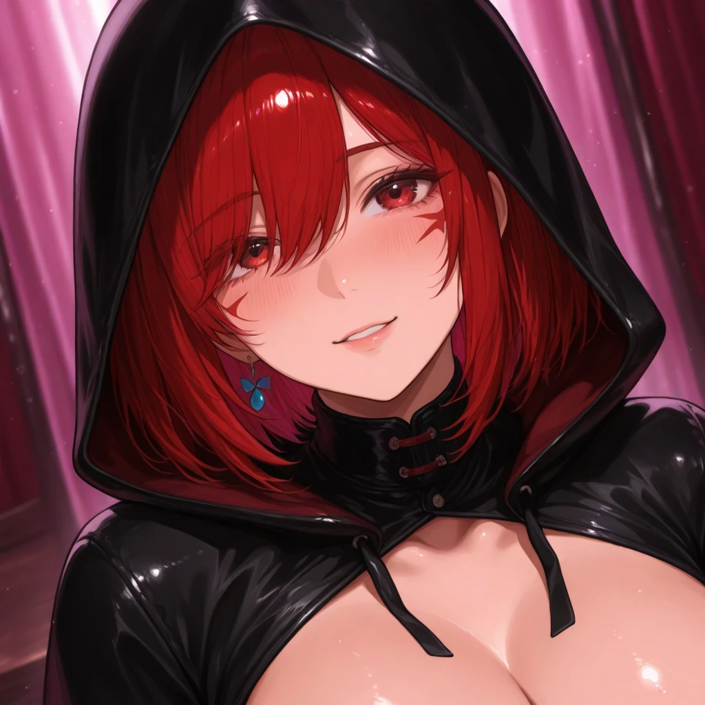 cowboy shot,   <lora:edgCultistHood:1> edgCultist, dark, ominous, wearing edgCultist_hood, glowing eyes,, ultra detailed, masterpiece, best quality, aesthetic, detailed,, solo, seductive smile, red lips,
1girl, purple eyes, red hair, blunt bangs, medium breasts, <lora:hair_rings:1> low hair rings, <lora:EllaNyan:1>,