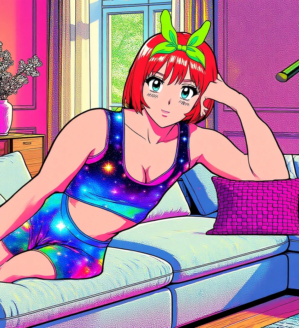 (masterpiece), best quality, expressive eyes, perfect face, Pink and Black One-piece swimsuit, Looking at viewer, Pull, Red Ponytail hair, Vibrant, A Tall Woman, Beach, Thigh Highs
