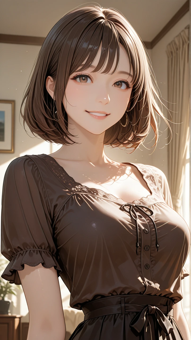 ((Realistic Light, Highest quality, 8k, Tabletop: 1.3)), 1 girl, Slim body beauty: 1.4, Brown Hair, (((Super big breasts: 1.3)), Off-the-shoulder cut top: 1.3, Highly detailed face, Beautiful Eyes, double eyelid, My Room, smile, Cleavage, Saggy breasts, (((beauty of Saggy breasts))