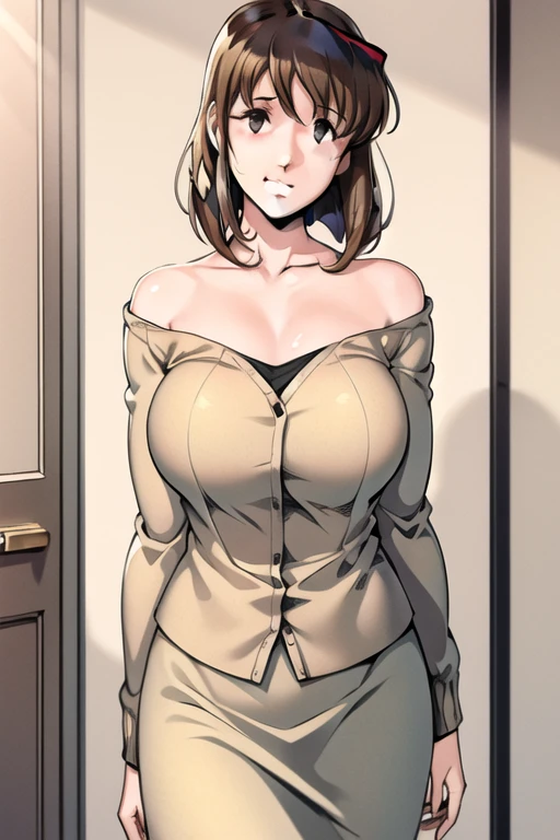 <lora:AkaneDG:1>, 1girl, solo, breasts, short hair, skirt, cleavage, shirt, short sleeves, pleated skirt, red skirt, white shirt, cowboy shot, collared shirt, closed mouth, looking at viewer, collarbone, messy hair, breast pocket, large breasts, hair between eyes, classroom, upper body,