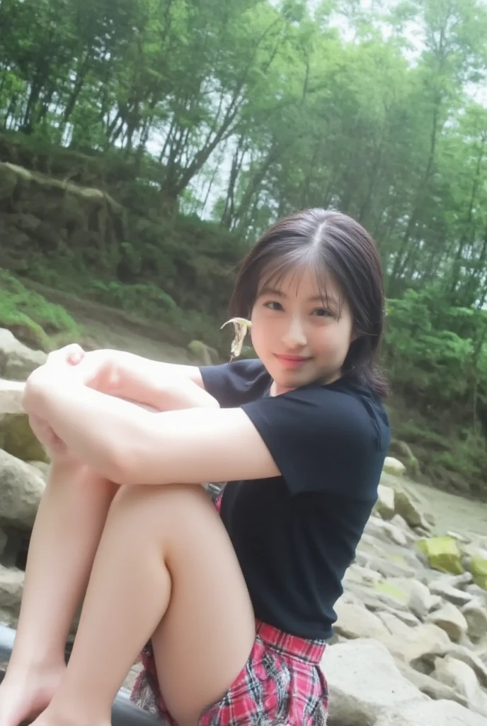 rie,One Woman,(best quality), (ultra detailed), (absolutely resolution),Face is front, 24-years-old, Crawling pose, Safari jacket and shorts, The color of the clothes is monochrome., The pattern on the clothes is floral, Black Hair, Earrings, With Mt. Fuji in the background、Inverted Mt. Fuji reflected in the blue sky and lake surface
