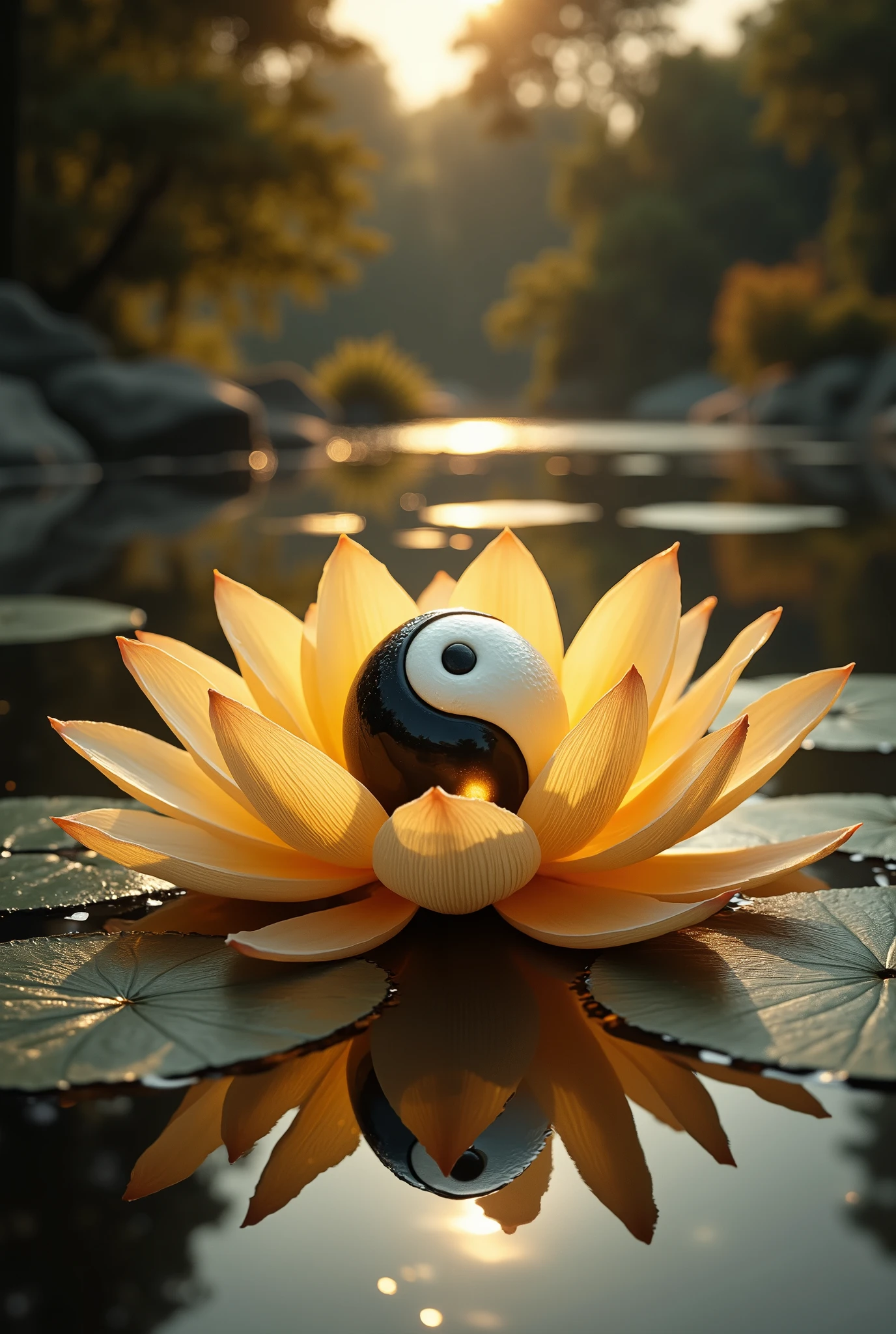 black and white yin yang sign in the center of golden lotus flower in center of a lake 35 mm lens 4k hd quality