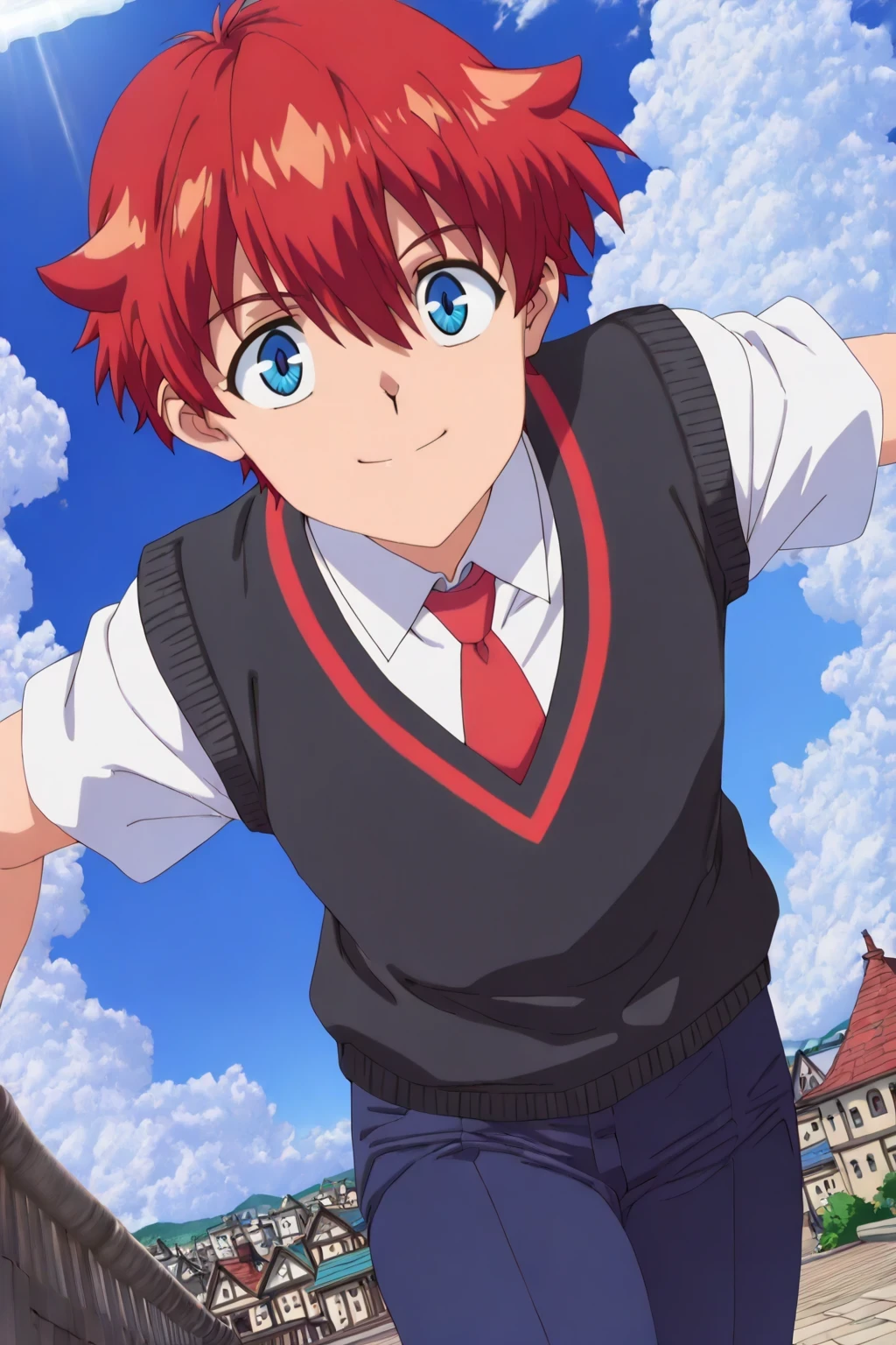 score_9,score_8_up,score_7_up,score_6_up,score_5_up,score_4_up,source_anime,(solo:1.15),(front light:1.8),
masterpiece,absurdres,highres,highest quality,hyper-detailed,32K,ultra-high resolution,an extremely delicate and beautiful,Official Art,perfect anatomy,intricate,100-layer,excellent, (Contrasting colors,octane rendering,Fully painted,anime coloring,anime screencap,Cel-shaded anime,1990s \(style\),retro artstyle,hi-vision anime:1.25), perfect face,ultradeTailed eyes,beautiful,sexy,supermodel,athletic body,shiny skin,Dramatic light,thigh,(curvy:1.1),(scale to fit the dimensions:1.2),
 yuta hibiki,(1boy:1.2),solo,male focus,blue eyes,red hair,sweater vest,shirt,white shirt,collared shirt,wing collar,short sleeves,waistcoat,necktie,red necktie,school uniform,pants,bangs,smile,((dynamic pose,dynamic angle,blue_sky,cloud,town:1.37)),