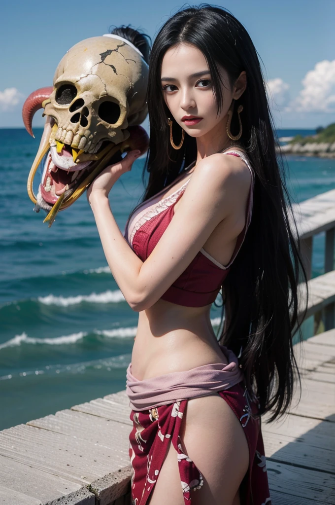 (((masterpiece+best quality+high resolution+ultra-detailed))), boa hancock, long silky black hair, high nose, sharp eyes, noble and inviolable temperament, (([female]: 1.2 + [beauty]: 1.2 + black long hair: 1.2)), snake_skull background, bright eyes, dynamic angle and posture, full body shot, perfect feets, beach, sea, water,
