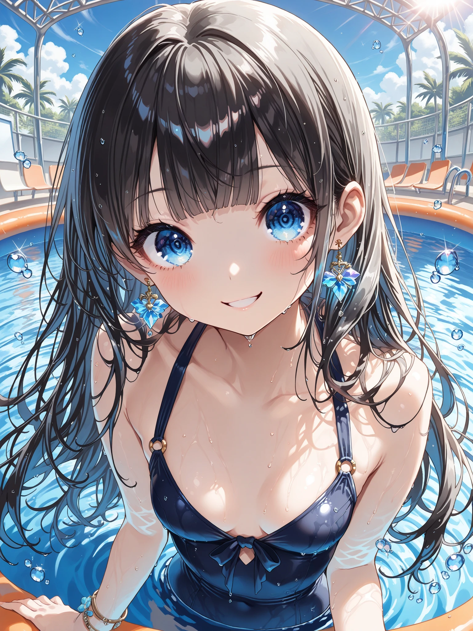 Jumping into the sea, sunny, blue sky, Outdoor, 斬新なデザインのSwimwear, 色とりどりのSwimwear, Polka dot pattern, Floral,(Tabletop.Highest quality).(Cowboy Shot). (Amazingly detailed CG paintings),(Perfect Image)、smile, smile, Comic Strip.shape.One Girl.Detailed face、Perfect Face.Delicate face、Textured skin、Colorful hair colors, Cat ear girl、((Beautiful Blue Eyes)).Delicate and beautiful eyes、The eyes are detailed、Reflective Eyes、Watery eye、smile.(Gazing at the audience:1.3).(My face got a little red:0.8)、8k wallpaper、(((Cowboy Shot)))、reflected light、Attention to detail、Complex、Delicate background、Textured skin、Detailed skin、Swimwear, ((カラフルなSwimwear)), リアリスティックなSwimwear, 質感のあるSwimwear, 超高精細なSwimwear, Realistic swimming pool, Realistic Ocean, Frills, Lace fabric, One Shoulder, カラフルなSwimwear, クリスタルなSwimwear, Lens flare