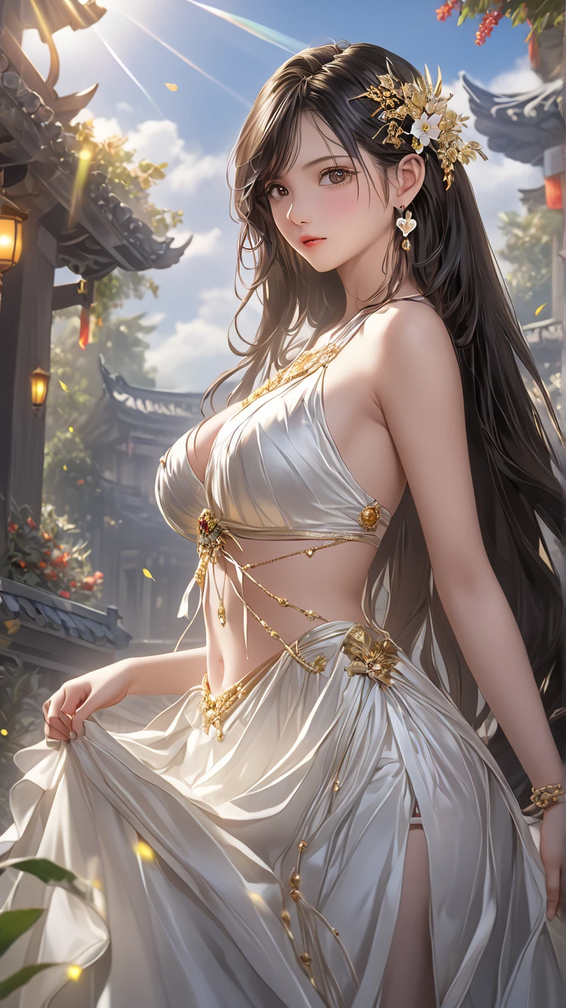 ((best qualtiy, 8K, tmasterpiece:1.3)), Sharp:1.2, Perfect figure beautiful heavenly goddess lotus sitting cross-legged，Holding a trick lotus， Full body photo，Slim abs:1.2, ((Layered Hair Style, mideum breasts:1.2)), (Shawl tulle：1.1），（crown，choker necklace，Yingluo），Highly detailed facial and skin texture，A detailed eye，二重まぶた，looks into camera，Head background sky with circular lights，Light，with blue sky and white clouds，