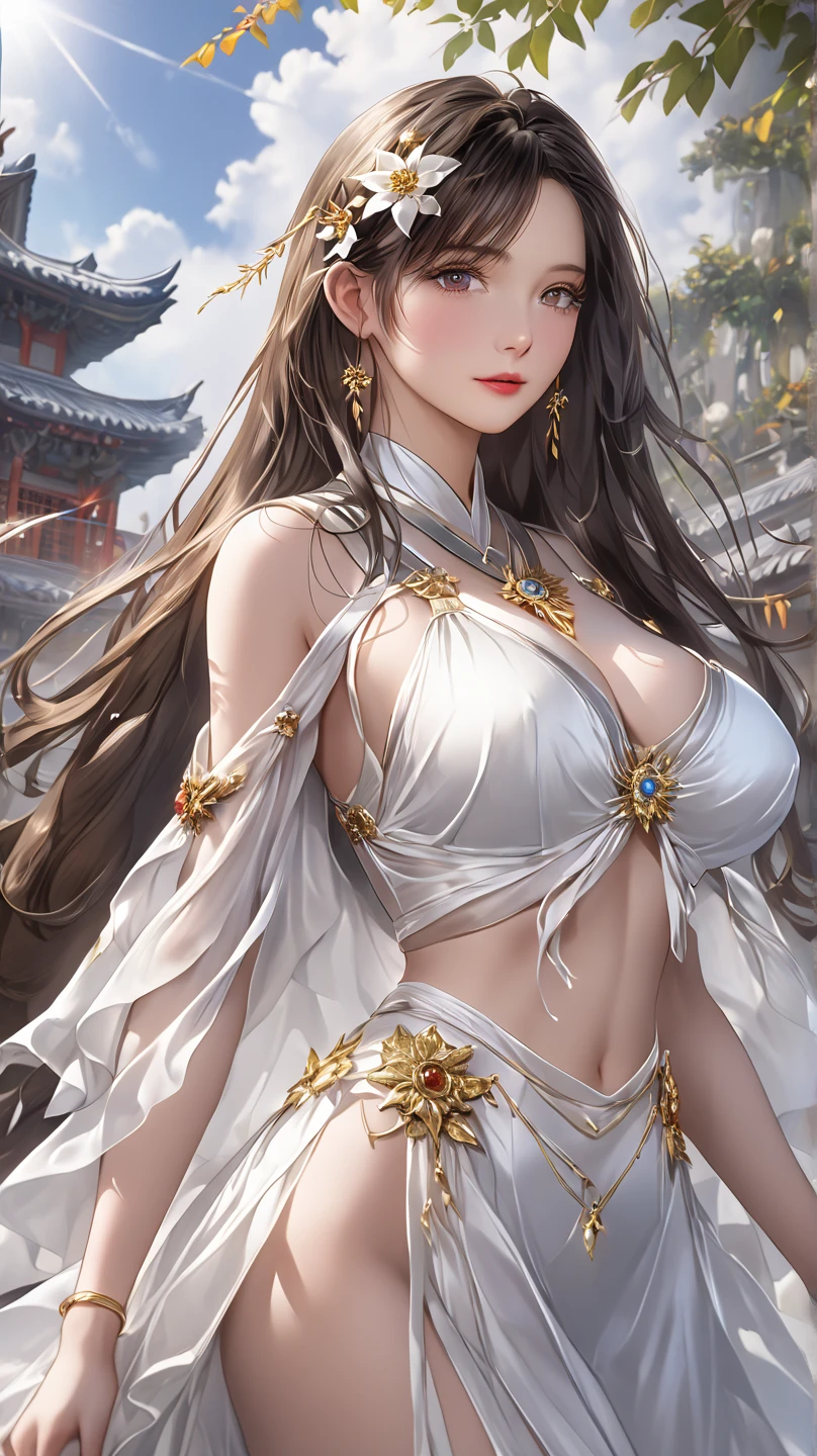 Highly detailed CG unit 8K wallpaper, masterpiece, High resolution, highest quality, highest quality real texture skin, Super Real, Digital Painting, Best image quality, 最High resolution, 8K, Very beautiful teenager, ((Highly detailed eyes and face)), Beautiful eyes every detail, Full Body Shot, beautiful kimonos, Japanese dress, Dazzling, オフショルダー, chinese style embroidery, ((disproportionate breasts, huge breasts, sagging breasts:1.5, Cleavage:1.5, gigantic breasts, Saggy breasts, Gravity-dependent breasts, Heavy chest, long chest, Heavy chest)), erect nipple, (((tanned skin, brown skin, dark skin, sideboobs))), slender, smile, grin, Strong winds, typhoon, light brown hair,