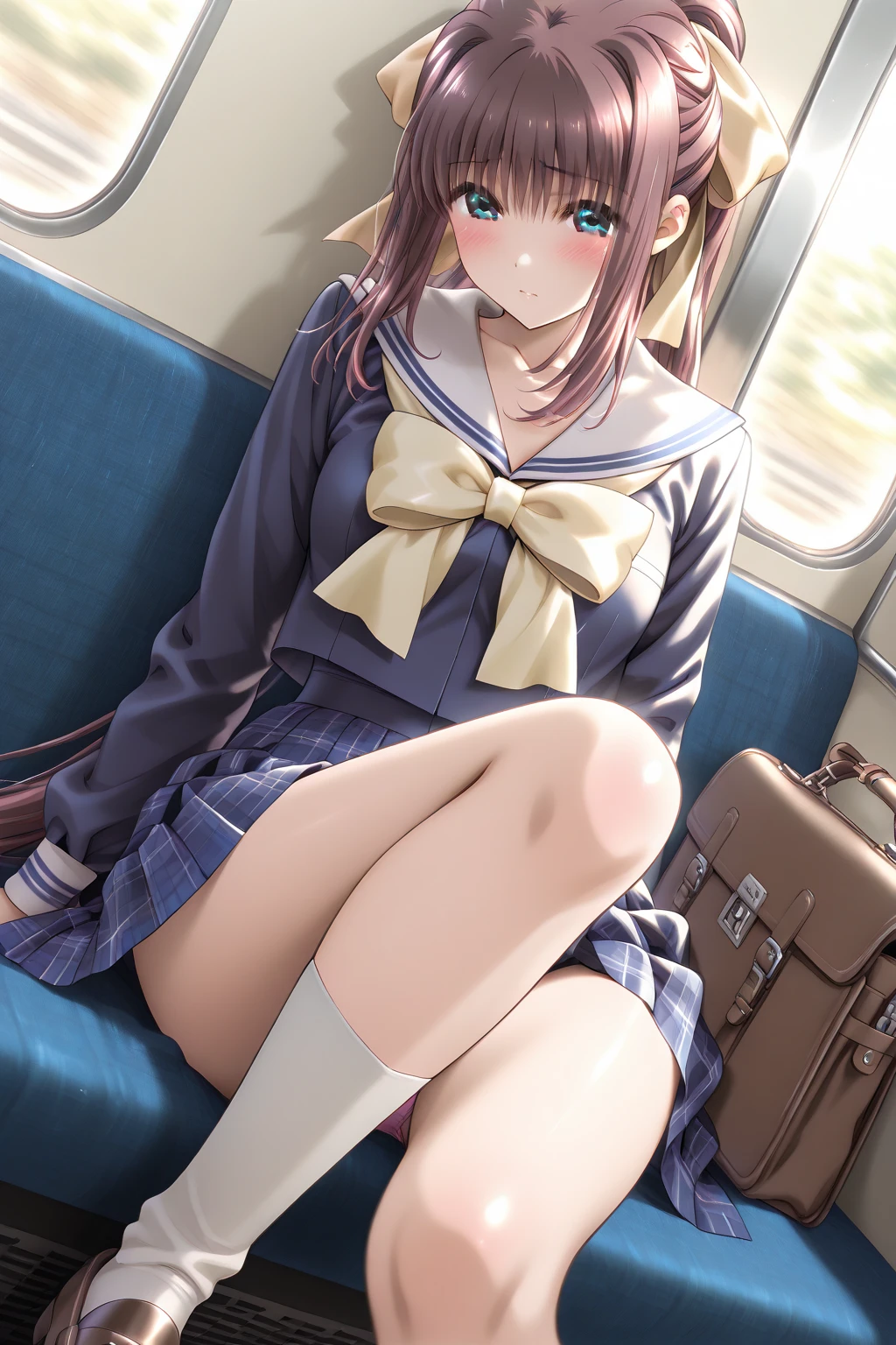 grass wonder \(umamusume\) on the train ((1 person)) Upper half length sleeve white sailor uniform Lower body navy blue miniskirt((Blue panties are visible)) black socks sneakers sitting on the seat spread your legs a little I can see blue panties dynamic angle Low angle from the front