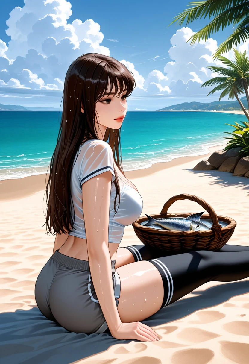 A woman sitting on a beach, with sunglasses perched on her head to block the sun, hair blowing in the wind