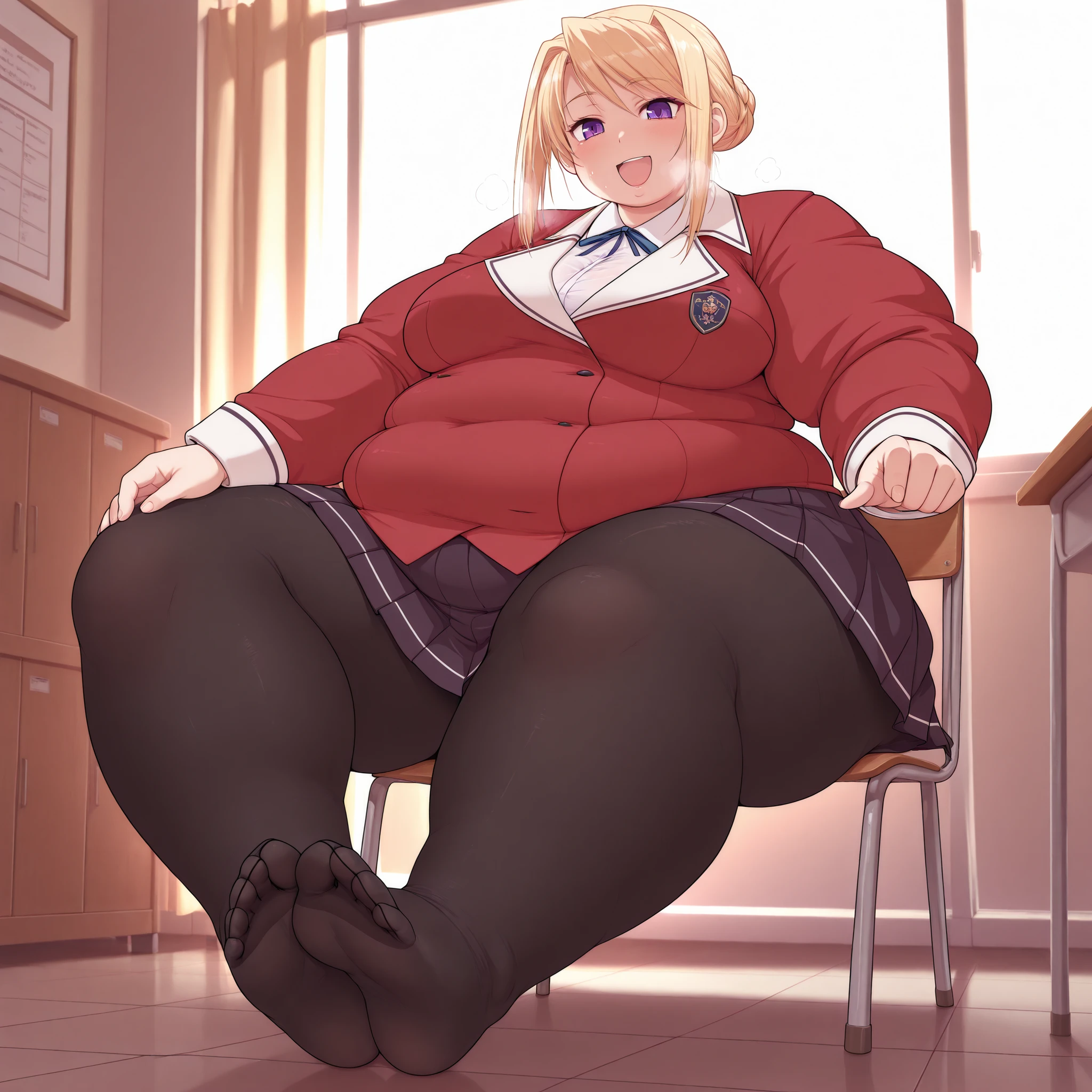 1girl,solo,mm,mature female,blonde hair,purple eyes,hair bun,large breasts,
school uniform,red jacket,full body, shot, smile,looking at viewer, indoors, sitting, chair, showing feet, black stocking,
,masterpiece,best quality,amazing quality, fat, chubby, obese, gigantic arms and legs, large breasts open mouth, out of breath