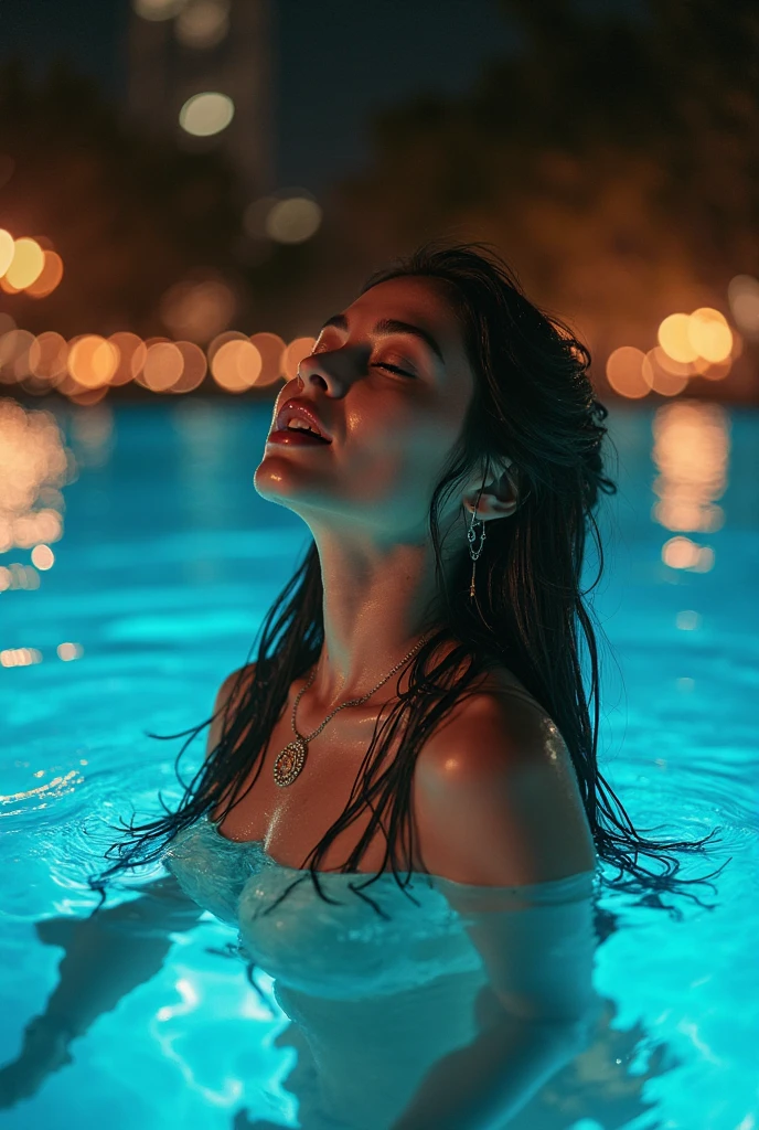 pieck finger, ((masterpiece)), best quality, (photorealistic:1.3), beautiful lighting, smug smile, 1girl, long hair, highly detailed skin, Cottage private pool、All Nude、Sleeping on the Poolside