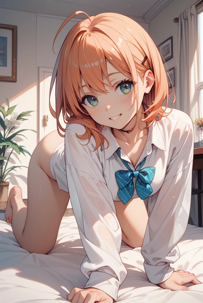 (((pixel perfect, Detail Perfect))), Solo, 1girl in, Kousaka Honoka, School uniform, Looking at Viewer, ssmile，blush, Show erotic face viewer, From below, Focus, Beyond the particles of light, Love hotel bedroom, red orange bra，red orange garter belt，red orange underwear，red orange tights，medium chest，straddle