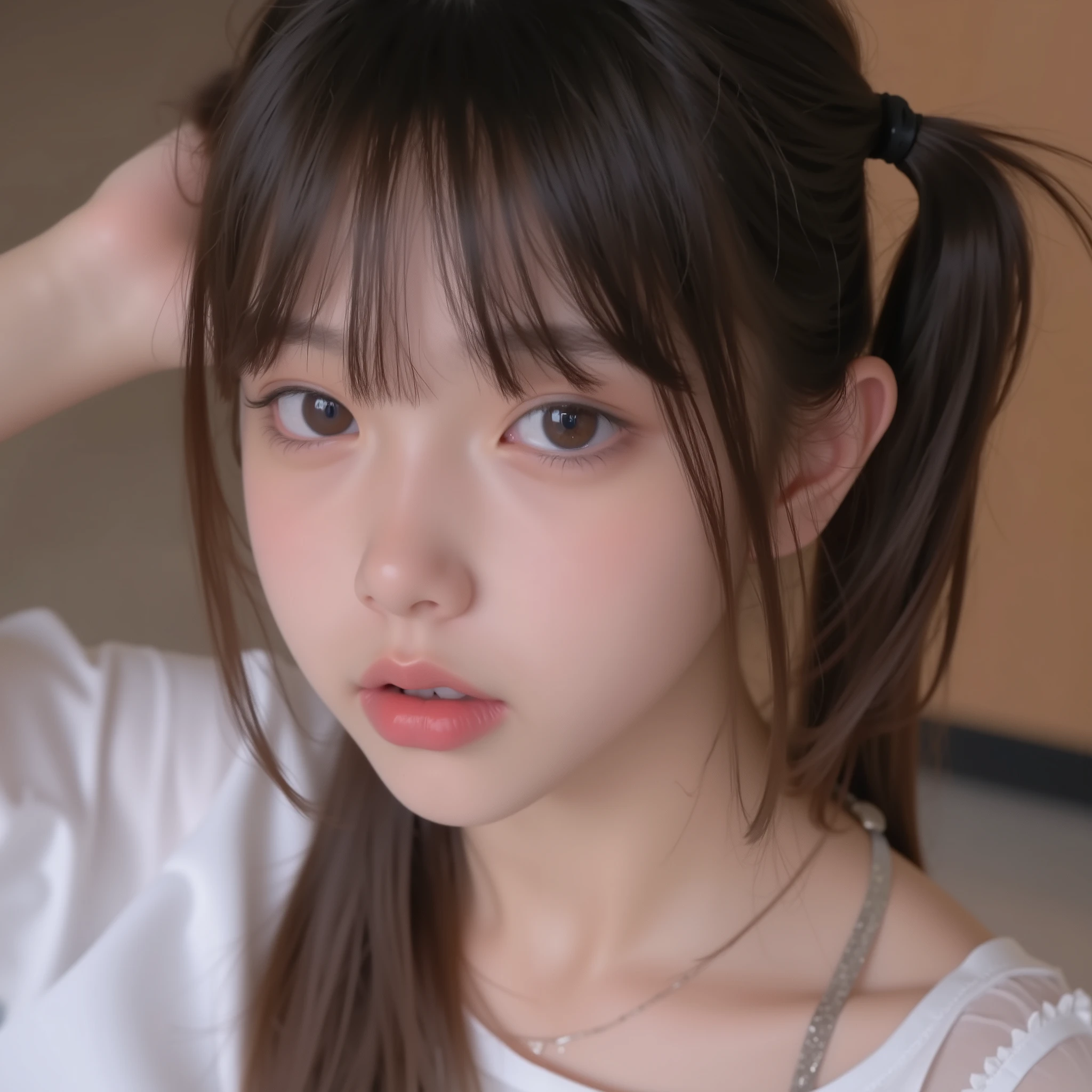 cuteloli,loli,hyper realistic,HD,best quality,8K,Exquisite details,(14-years-old),(sexy panties),(face), shy, male pov, (head pat), (hand pulling her hair back),from above, looking up, worried, mouth open,