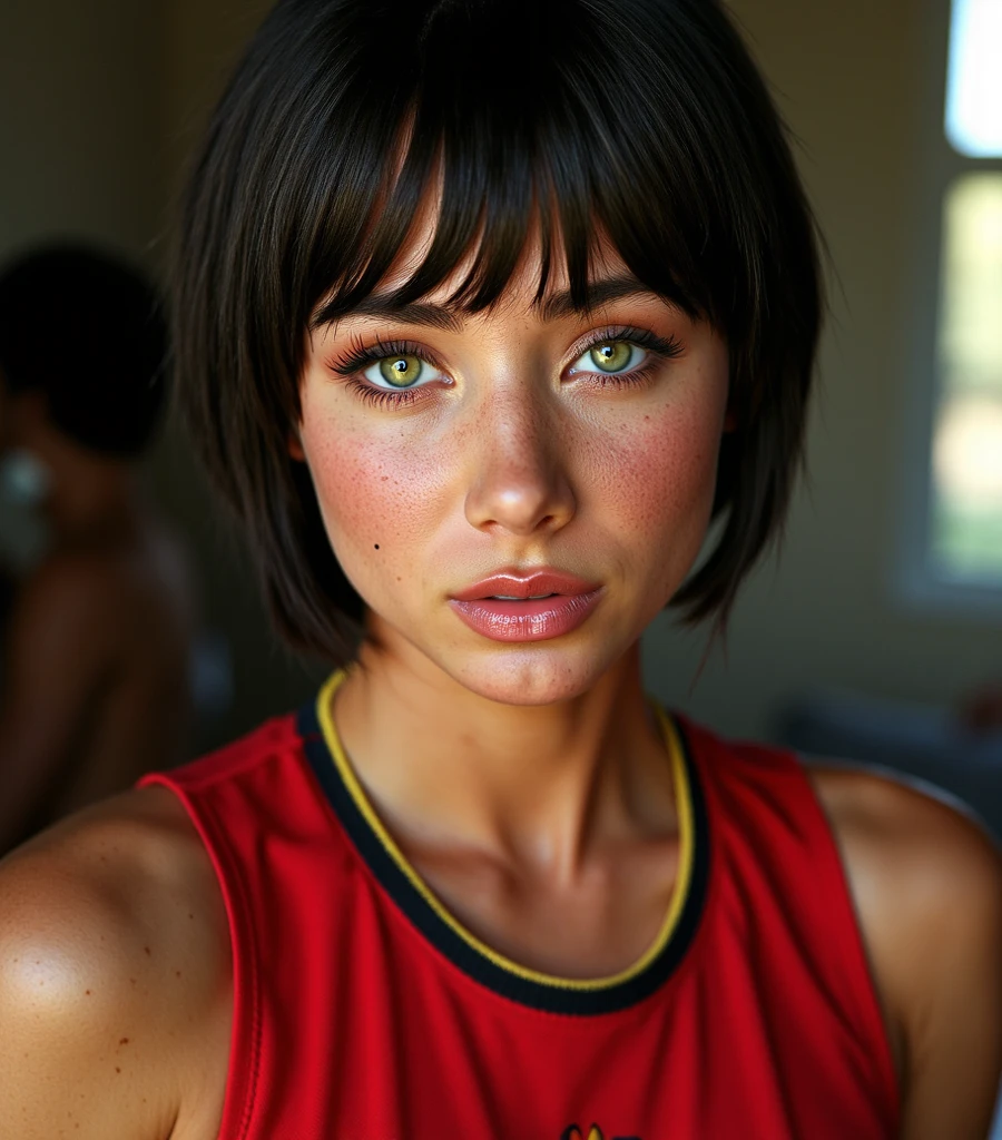 (((Tamara Taylor))), (a very tall slender woman standing at the reception of a hotel), ((tall slender figure)), ((hairstyle bob)), ((short straight black hair)), (narrow pelvis), (small round breasts), big brown eyes, ((small head)), (sunset), evening mood, she smiles, (((She wears a short red jersey fabric sheath dress))), (photorealistic:1.2), (best quality), (intricate details), 8K, (High Poly), (Raytracing), (Cinema lighting), (Sharp focus),  (detailed face:1.3), natural and realistic skin textures, soft face, ((The top of the dress is slipped))