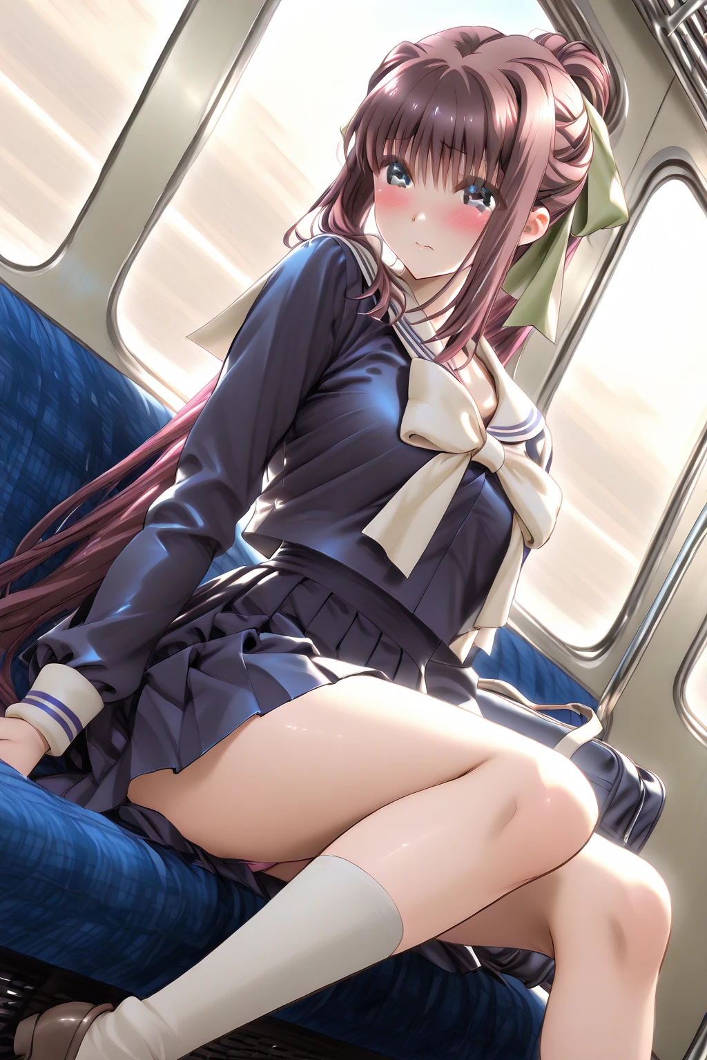 grass wonder \(umamusume\) on the train ((1 person)) Upper half length sleeve white sailor uniform Lower body navy blue miniskirt((White panties are visible)) black socks sneakers sitting on the seat spread your legs a little I can see white panties dynamic angle Low angle from the front