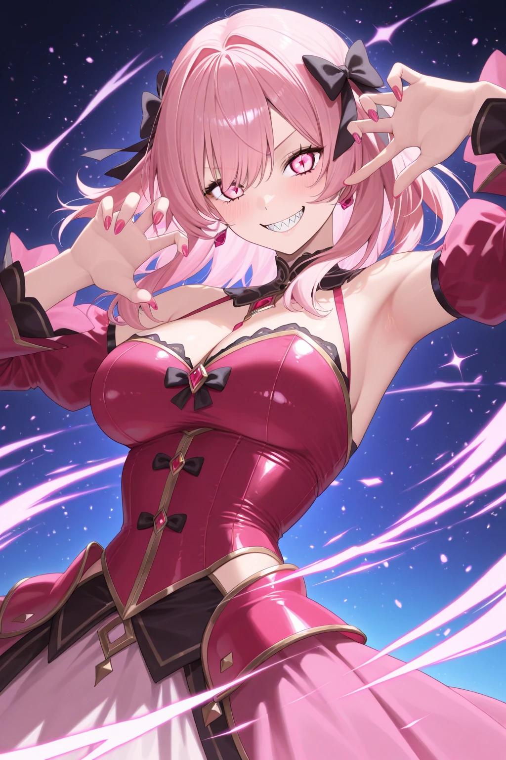Succubus　pose of temptation　erotic body　　cute face　attractive face　Arm outstretched pose　heart mark　big smile　pink hair　eyes are hearts　4-arm　charm magic　angle from below　Seated Pose