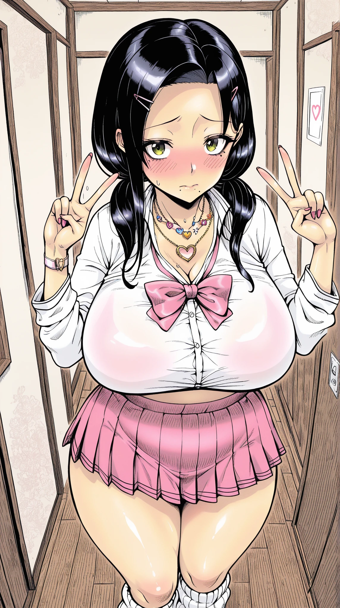 1girl, bare legs, (nurse, micro bikini, ((school uniform ,pink micro bikini) puff out the chest)), gal, gyaru, asian adult model, sexy, curvy, huge breasts, narrow waist, choker, wide hips, thick thighs, looking at viewer, cowboy shot, hentai, dynamic pose, smile, sexy and cute, wide shot, natural lips, background bar, black hair (masterpiece, best quality, hires, high resolution:1.2), (extremely detailed, ((micro skirt)), intricate details, highres)