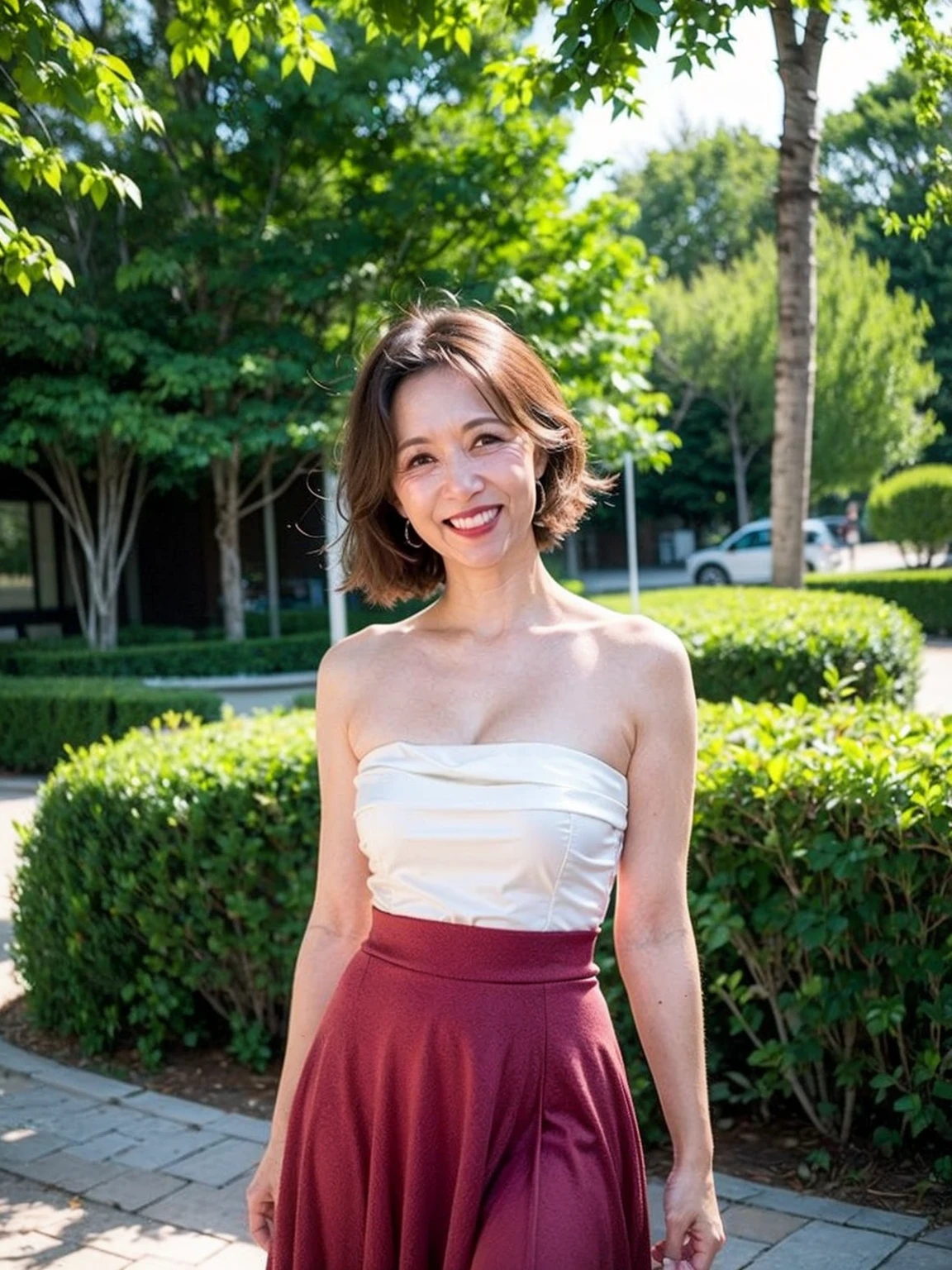 ((Highest quality)), ((8k)), ((masterpiece:1.3)), (Perfect look), (Photorealism:1.6), (JMA), (KE), (The back view of a Japanese mature woman), (振り向くJapanese women), (Outdoor event venue: 1.2), (Large crowd), Japanese women, 60 years old, ((Realistic skin texture)), (Fine wrinkles appear all over the skin: 1.3), (Dullness: 1.1), (Unmoisturized skin: 1.2) , (Facial wrinkles: 0.9), (Wrinkles around the eyes: 1.2), double eyelid, Lower eyelid tear trough, The eyes are looking here, (Dimples: 1.2 BREAK(Red lips),BREAK 短い前髪, short hair, (Blonde Hair), (Smooth Hair), Lips open, Open mouth and smiling with the corners of the mouth turned up, Cocktail Dresses, pumps, Small breasts, Small breasts, Flat Chest, (Slimming), (whole body), View from the feet,