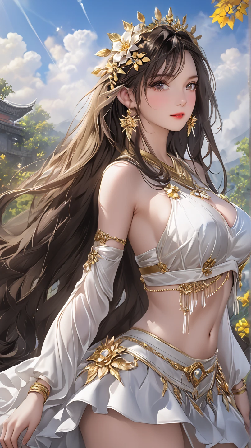 garden,On the grass,an oriental girl,long hair shawl,Miansha on the face,Big breasts,earrings,Wearing an ancient Han Dynasty mini lace skirt,Chest gemstone jewelry,坐在On the grass,
