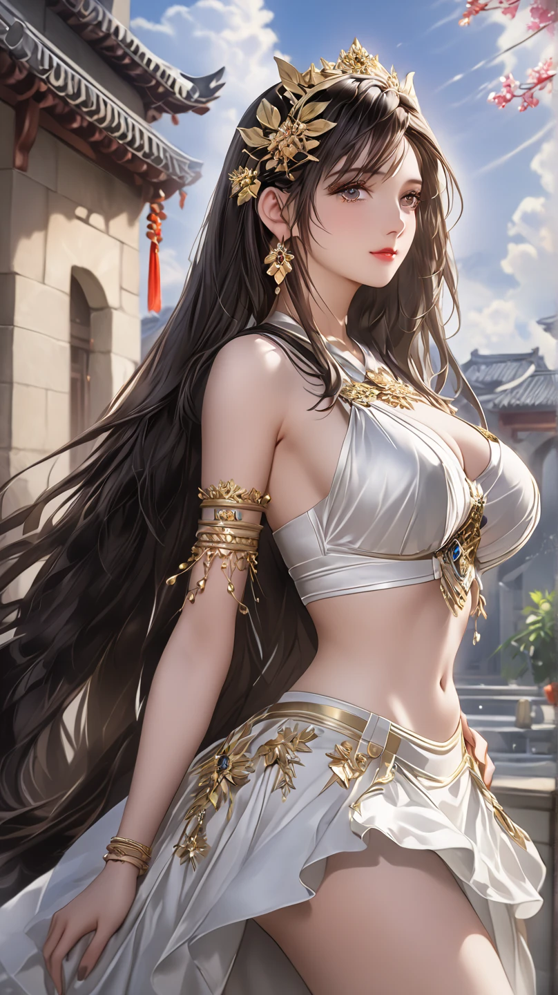 Huma Qureshi, young, beautiful, large breasts, sitting in a ancient ruins, wearing a crumpled strapless bra and a transparent dhoti, picking flowers, smiling, wearing floral ornaments, flower in hair, long dark brown braided hair, detailed, photorealistic artwork by Louis Royo, by Boris Vallejo, by Frank Frazetta, focus on her ass, her ass is rich, back view