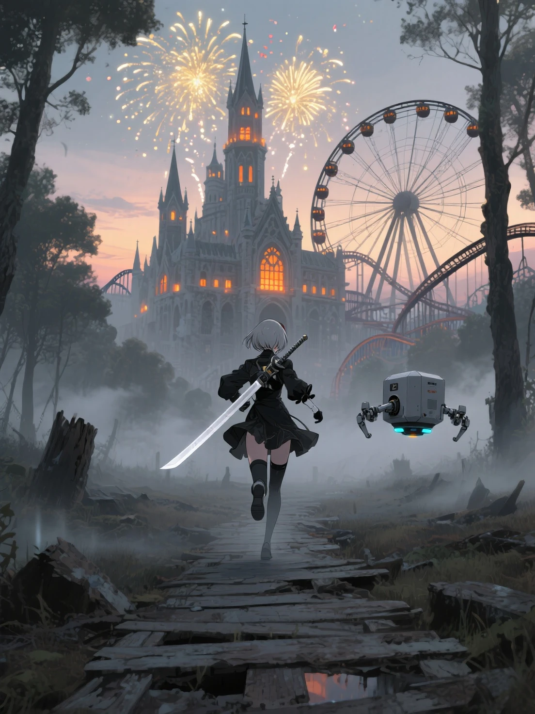 A stunning anime illustration of 2B from nier automata in a melancholic post-apocalyptic landscape at twilight. She is running through a crumbling wooden pathway with a long white katana attached on her back. The environment is bathed in soft, dusky with subtle gray tones, with faint mist rising from the forest floor. In the background, a gothic-style amusement park glows eerily with warm orange lights—its spires tall and surreal, dotted with flickering windows. A massive Ferris wheel and roller coaster frame the skyline, partially obscured by overgrown trees and ruins. Fireworks bloom silently in the sky, casting glimmers of gold light across the castle-like structure. Her silhouette is dark against the dim light, exuding a sense of solitude and quiet determination. Her small hovering Pod floats beside her to the upper left, a tiny grey cubic, drone-like support unit with two mechanical arms. The atmosphere is both haunting and beautiful—an abandoned world still clinging to fragments of joy. High quality, high resolution, high detail, masterpiece, rich in colors, rich in details, bright and vibrant colors.