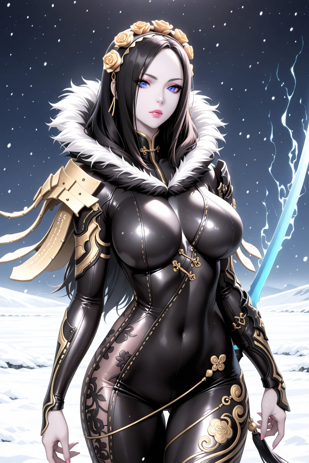 (masterpiece) beautiful brunette white woman, cinematic, wearing black aviator jacket with fur collar, black leather mini skirt, high boots, ponytail hair, perfect body, large and voluminous breasts, wearing a blue lightsaber in her right hand, on a desert planet with two suns one small and red and the other large yellow, sunset illumination