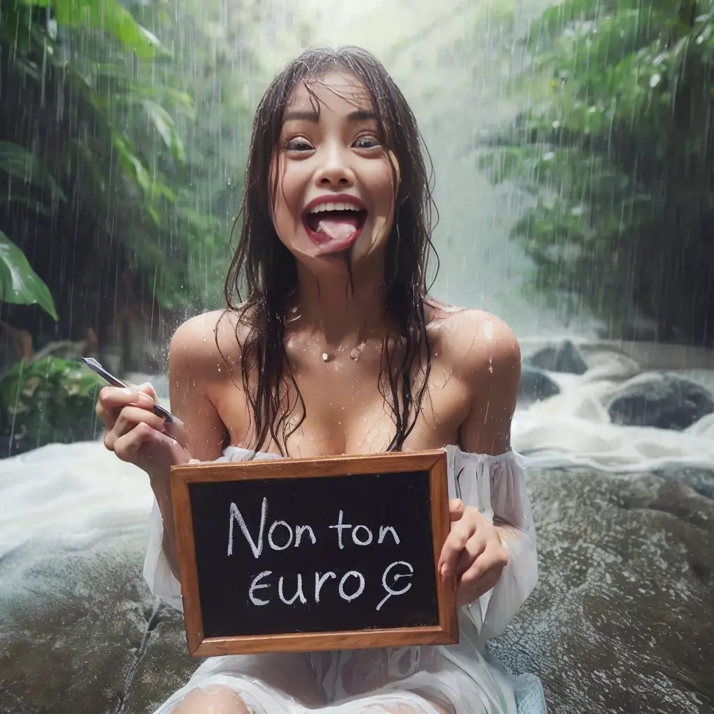 a joyfull chinese young chubby girl laughing while sitting under the rain in a lush, tropical setting with flowing water around them, wearing a wet white tshirt. The scene captures a sense of freedom and happiness amid a beautifull natural background.