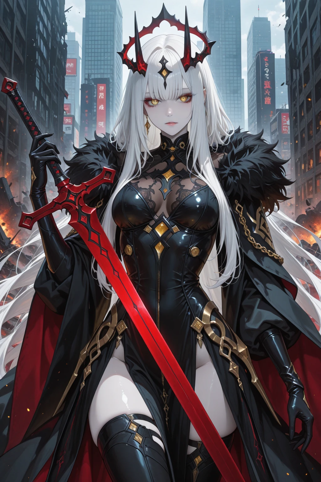 vampire, masterpiece, best quality, super detailed, illustration, super detailed face, best face, evil,, adult, 1girl, 20 years old, medium breasts, no human, gray hair, medieval armor, bra, cross necklace, earrings, cape, belt, pale skin, intricate details,
